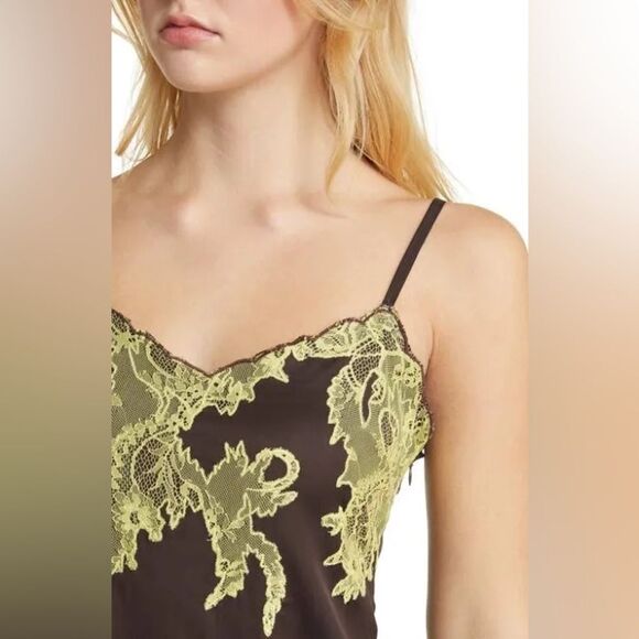 Topshop Satin and Lace Cami Mini Dress in Chocolate and lime-Brown - Picture 2 of 12